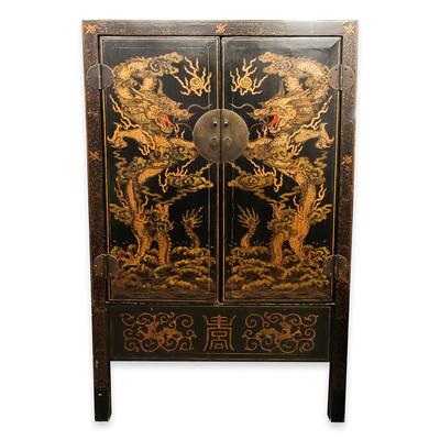 Black Asian Lacquered Cabinet with Dragon Imagery